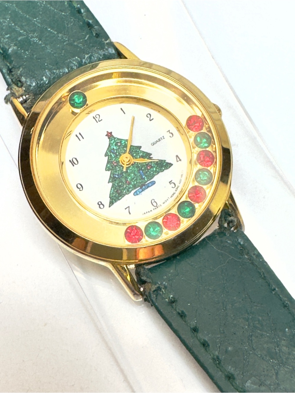 Festive Green Gold Holiday Quartz Watch with Tree Dial